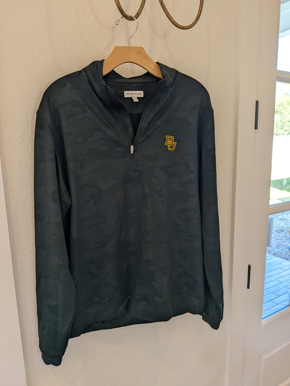 Peter Millar Dark Green Camo-Texture Quarter-Zip with Baylor Logo